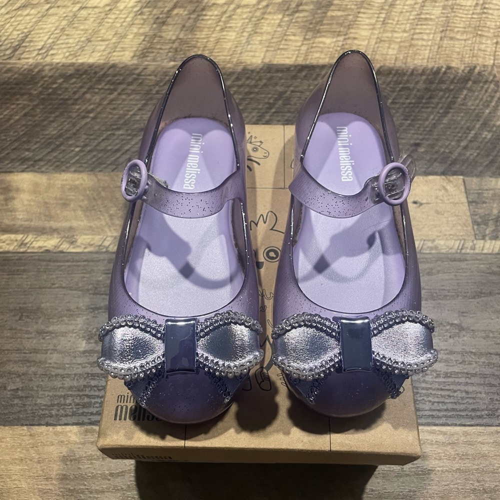 Mini Melissa Lavender Glitter Shoes with Silver Bow